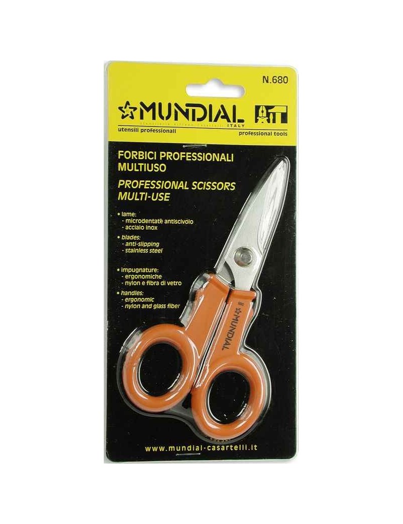 Forbice professionale multiuso, lame acciaio inox con  microdentatura, impugnatura isolata.