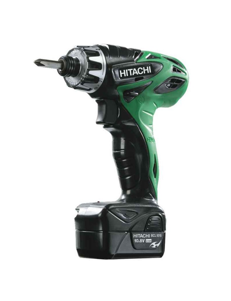 Trapano avvitatore compatto e leggero dotato di 2 batterie al litio con tensione nominale di 10,8 V, 12 V di picco. Reversibile,