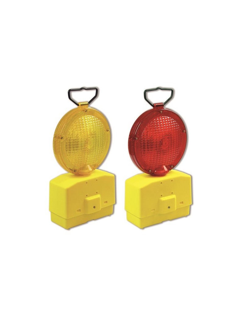 Lampada bipila a Led, bifacciale, luce gialla lampeggiante o luce rossa fissa, dotata di crepuscolare, funzionamento con 2 batte