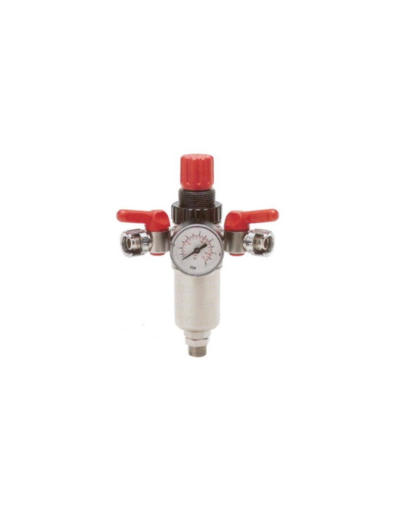 Riduttore di pressione con filtro, manometro d.40 a 2 rubinetti in linea. Pressione massima 12 BAR.