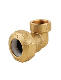 Raccordo in ottone gomito femmina Made in Italy per tubi in polietilene con anello in resina poliacetalica.