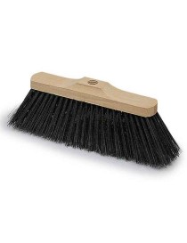 Scopa industriale in PVC su assicella in legno con setole rigide.