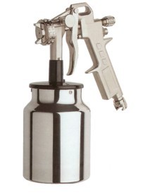 Aerografo con serbatoio con chiusura aggancio rapido e capacità da cc. 1000. Pressione massima di esercizio da 4 a 8 BAR. Consu