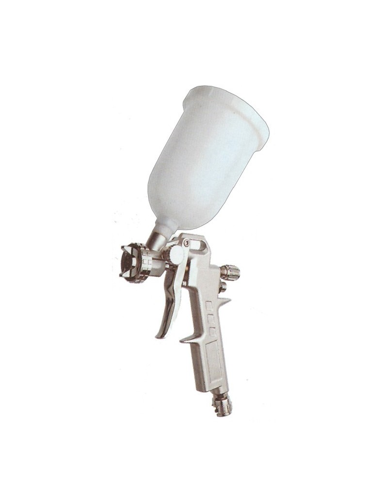 Aerografo con serbatoio a caduta e capacità da cc. 500. Pressione massima di esercizio da 4 a 8 BAR. Consumo d'aria da 100 a 20