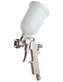 Aerografo con serbatoio a caduta e capacità da cc. 500. Pressione massima di esercizio da 4 a 8 BAR. Consumo d'aria da 100 a 20