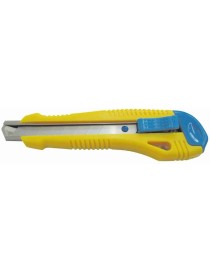 Coltello con impugnatura anatomica in materiale plastico. Scorri lama in acciaio e stop lama automatico e sicurezza dell'arresto