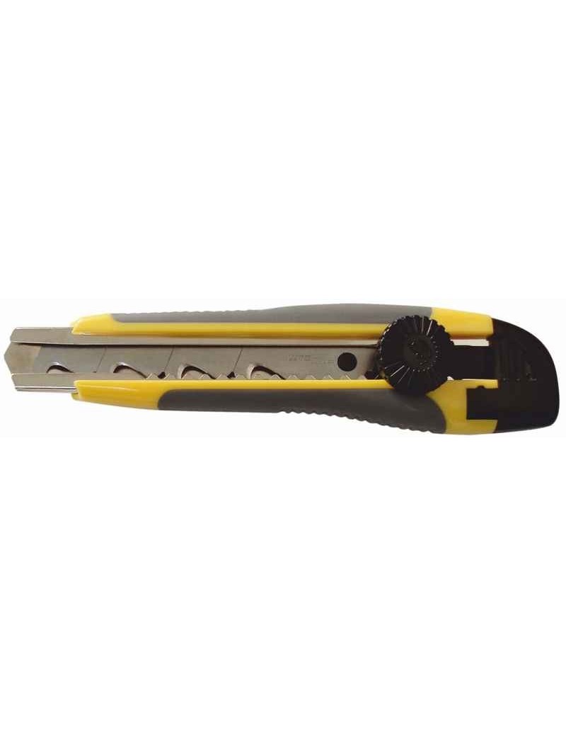 Cutter con impugnatura anatomica in materiale bi-componente. Arresto manuale della lama ad uncino con quattro segmenti a spezzar