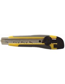 Cutter con impugnatura anatomica in materiale bi-componente. Arresto manuale della lama ad uncino con quattro segmenti a spezzar